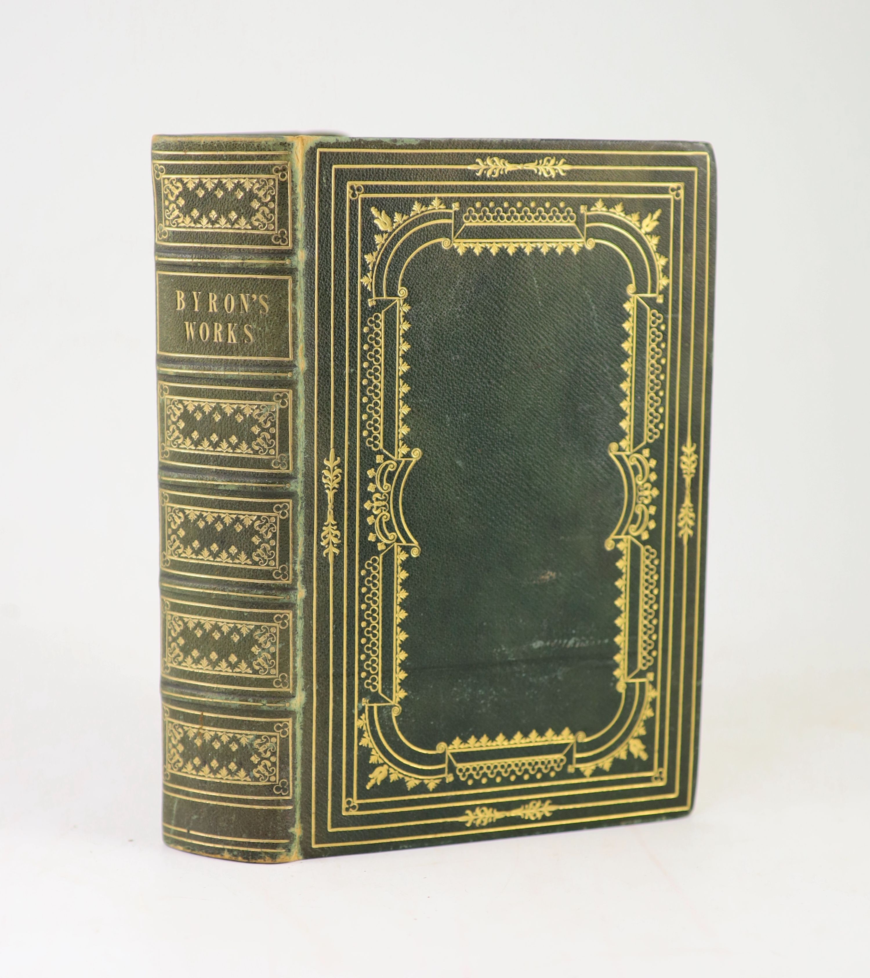 Byron, Lord - The Poetical Works of Lord Byron. Complete in one volume. Engraved frontis, illustrated and printed titles as well as text illustrations. Heavily gilt decorated and panelled morocco covers and spine with le